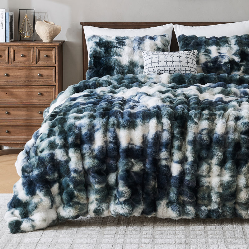 Merveilleux ensemble d'édredon luxueux à bulles Tie-Dye, Édredon pour très grand lit + 2 taies décorativ, Bleu
