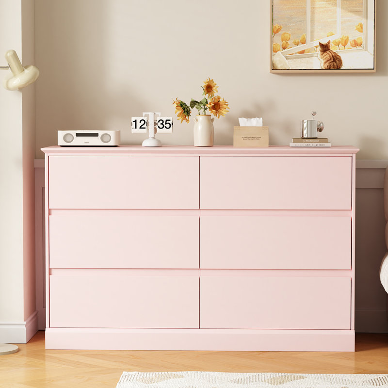 6 Drawer Double Dresser, 47.3" W Modern Wood Chest With Deep Drawers For Bedroom, Pink