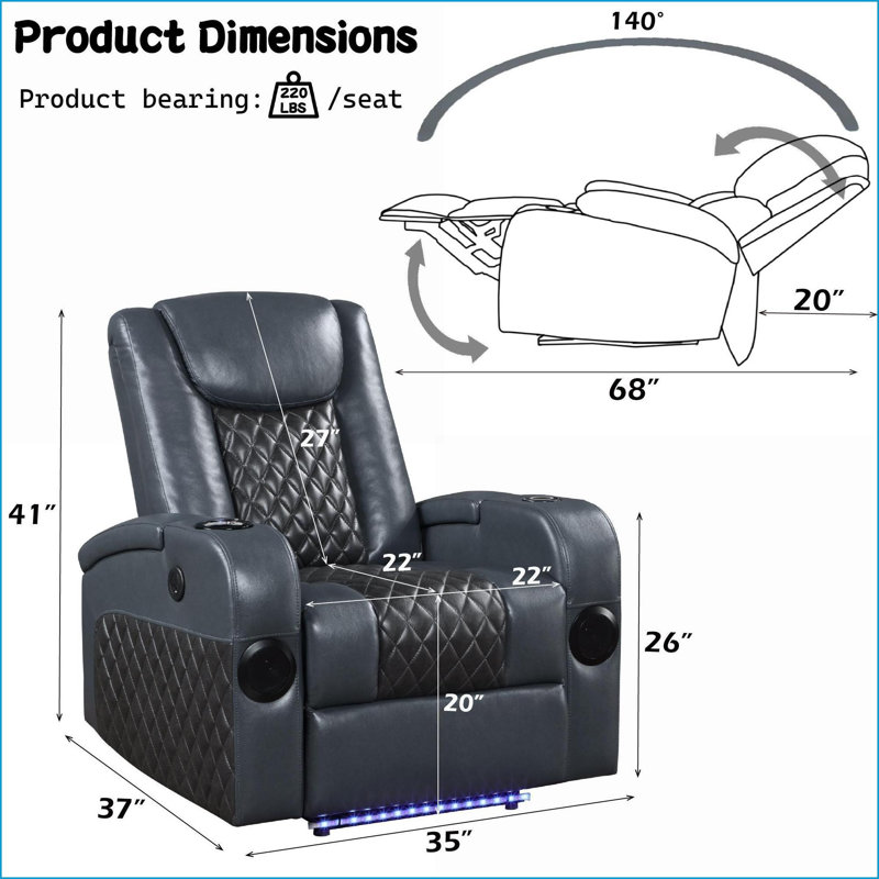 Fauteuil inclinable électrique en cuir bleu et noir Alair avec Bluetooth, chargeur sans fil et porte-gobelet Alair