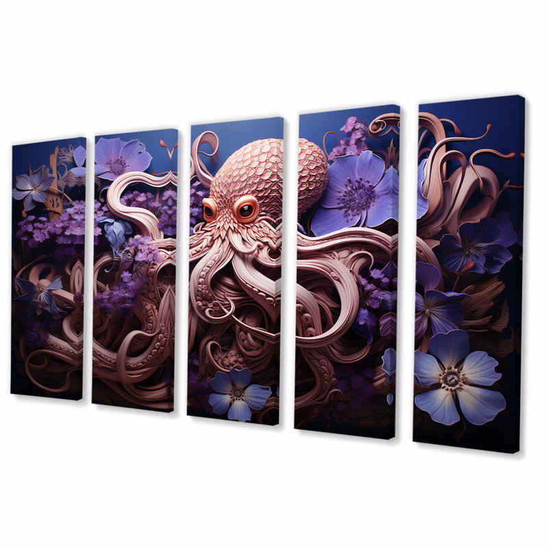 Mauve oasis de pieuvre II - ensemble d'art mural 5 pièces animaux côtiers, H 28 po x l 60 po