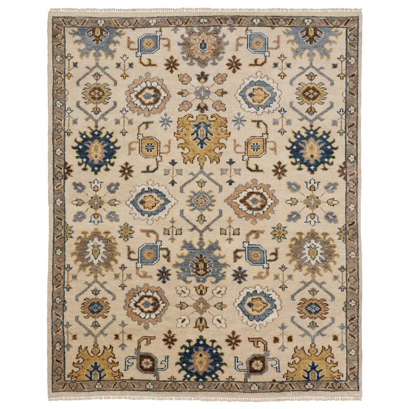 Gowen Traditional Oriental Ivory/ Multi Hand-made Wool Area Rug, Rectangle 6' x 8'12"