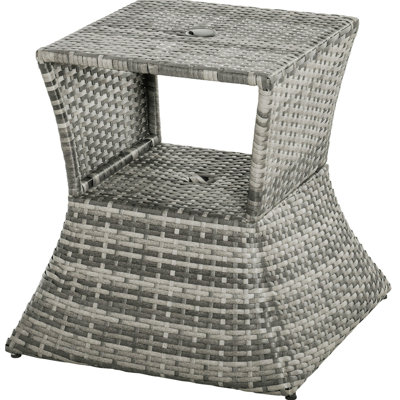 Rattan Wicker Side Table With Umbrella Hole And 2 Tier Storage Shelf