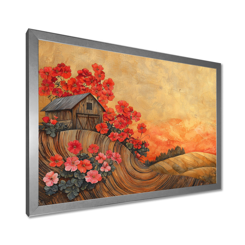Fleurs de géraniums à la grange paysage I - décoration murale géraniums, H 30 po x l 40 po, Cadre simple, Argent argent