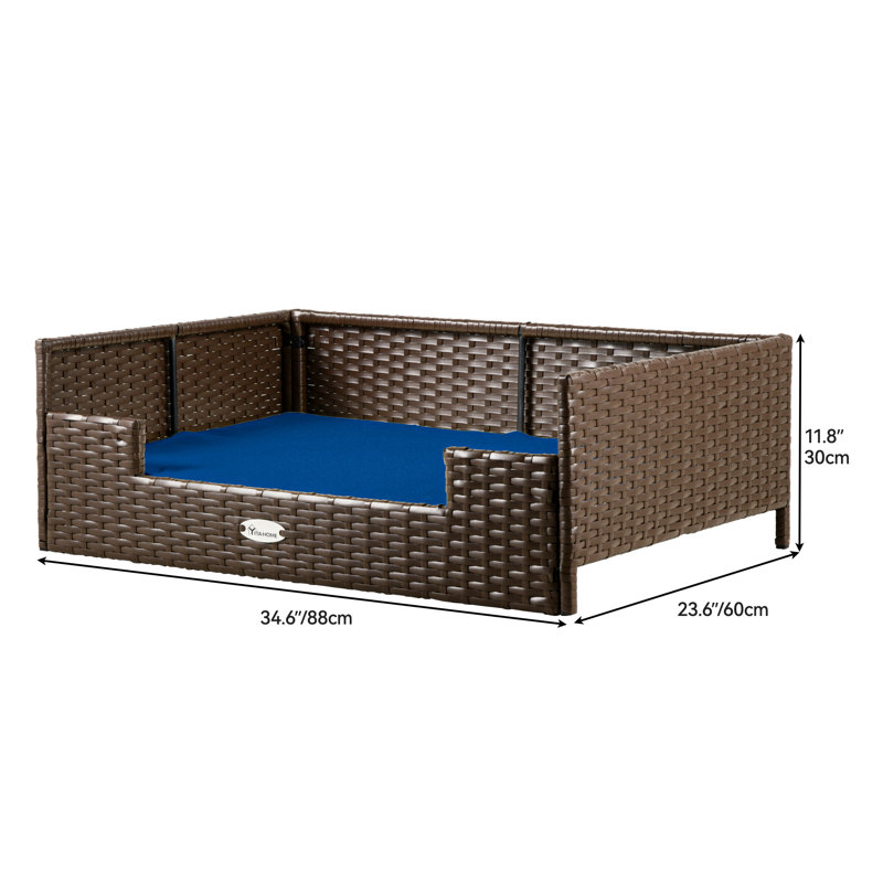 Canapé en rotin pour chien avec coussin en mousse, Bleu, Moyen (l 34,6 po x P 23,6 po x H 11,6 po)