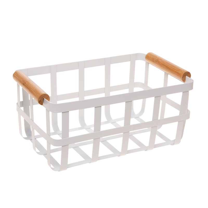 Large White Metal Storage Basket with Bamboo Handles