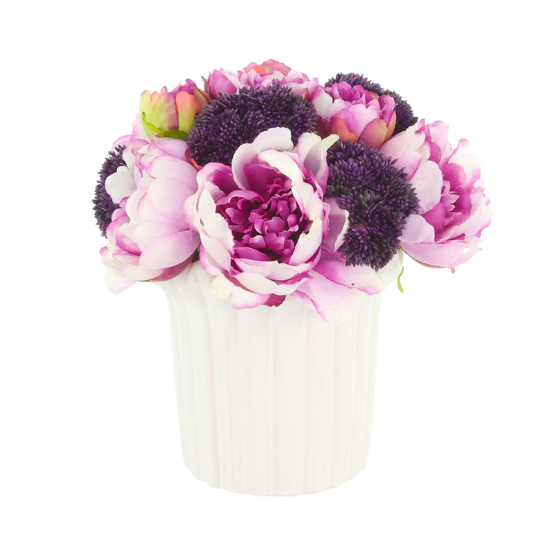 Pivoines et Sedum dans un vase en céramique, Mauve