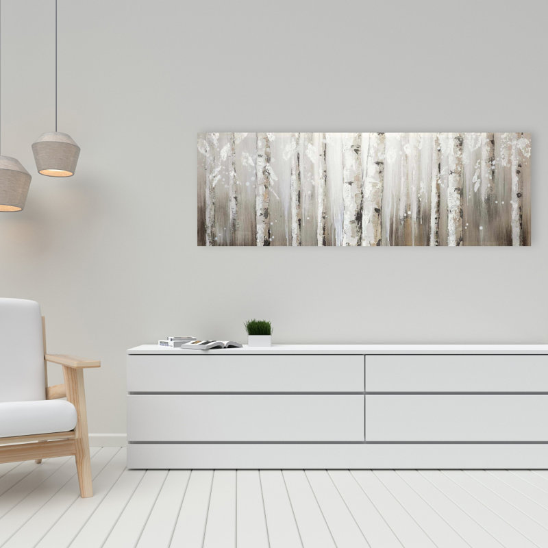 Bouleaux blancs sur toile grise - art mural de chambre à coucher botanique