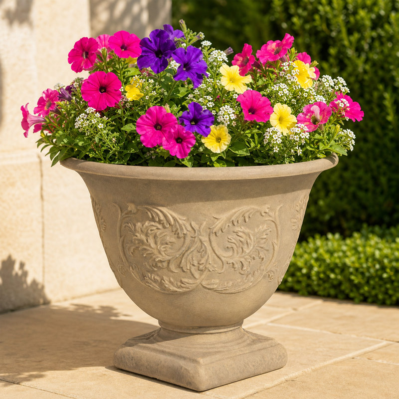 Pot de fleurs d'extérieur rond en polyrésine 16 po x 16 po x 13 po Darcy - ensemble de 2, 2, Galet