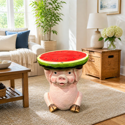 Table d'appoint avec cochon mignon, cochon en résine de 11,34 po de large avec dessus en forme de pastèque, support à plantes multifonctionnel et table de bout pour la décoration de maison et de jardin