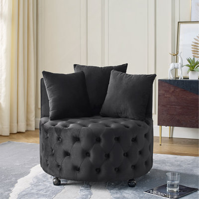 Velvet Upholstered Swivel Chair For Living Room, With Button Tufted Design And Movable Wheels, Including 3 Pillows, Black