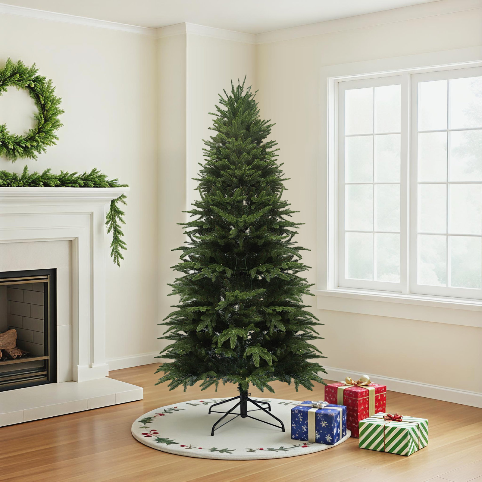 Winterfest North Valley Spruce Pre-lit Christmas Tree Pre-Lit Slim Fraser Fir Artificial XMas Tree with 350 UL Listed Clear Lights