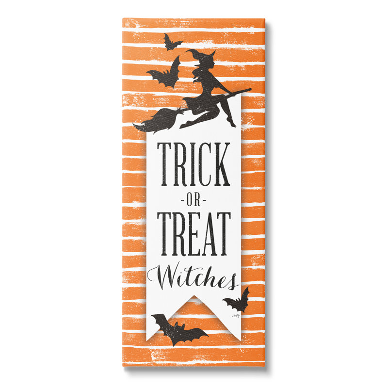 Silhouette de sorcière, "Trick or orgie", motif de rayures orange encadré noir, art texturé par Misty Michelle, Toile tendue