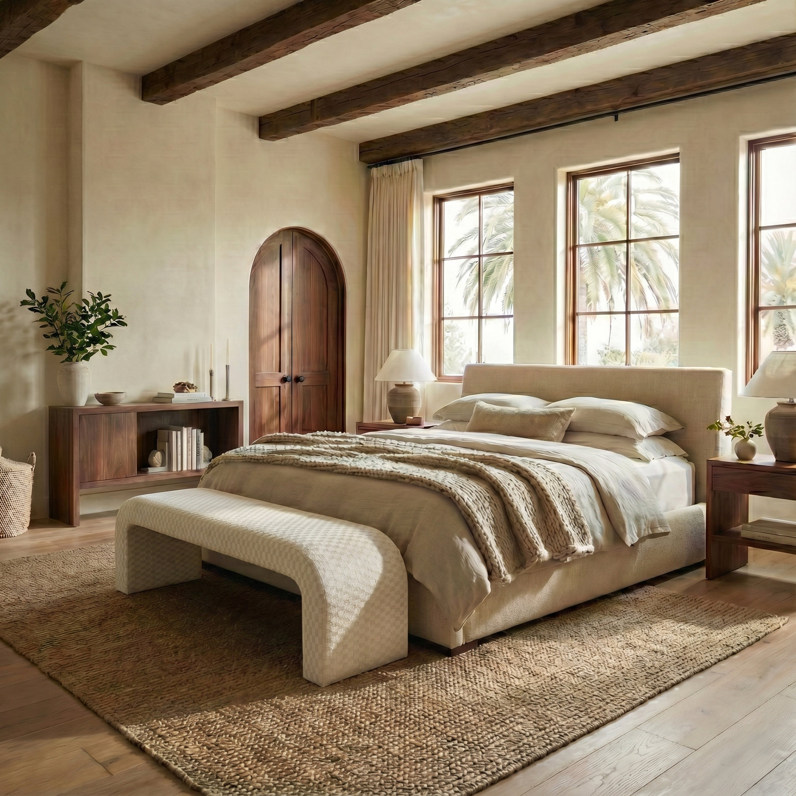 Daine 62" Linen Bedroom Bench, Taupe Checkered Linen