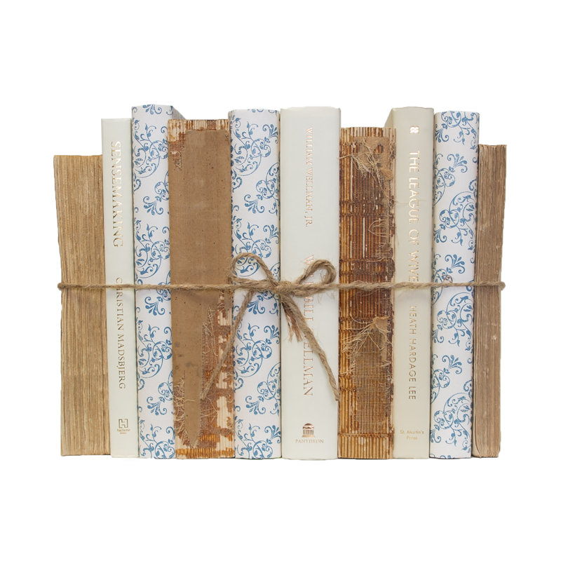 Decorative Books - Distressed Damask Mixed Media Book Bundle - 1 Foot of Blue and Tan Books