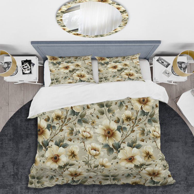 Ensemble de housse de couette transitionnelle Ivory Cream Floral Blooms I, Housse de couette simple et deux taies décorative