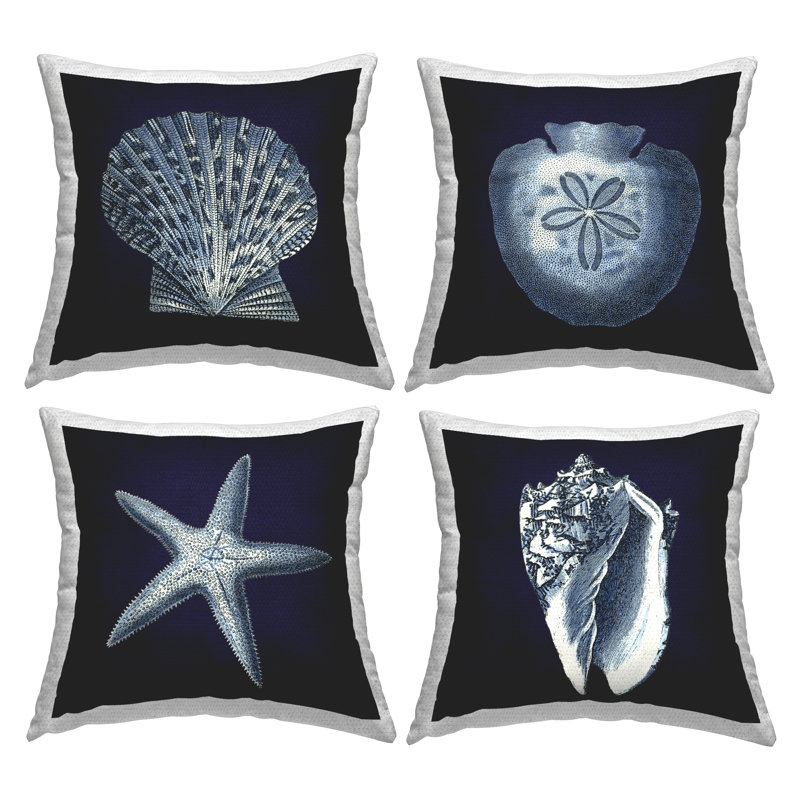 Ensemble de coussins 4 pièces Nautical Blue Ocean Shells Starfish Sand Dollar