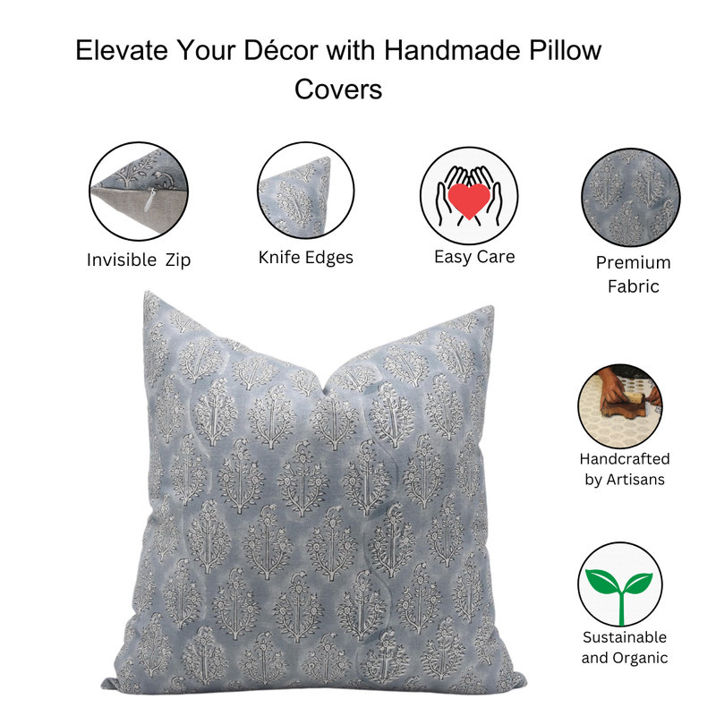 Handmade Light Gray Linen Block Print Throw Pillow Cover, 14x14