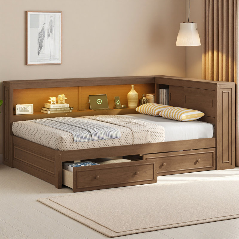 Full Size Wood Daybed With Storage Shelves – Modern Daybed Featuring USB Ports, LED Lights, And 2 Large Drawers For Superior Bedroom Organization, No Box Spring Needed, Wood