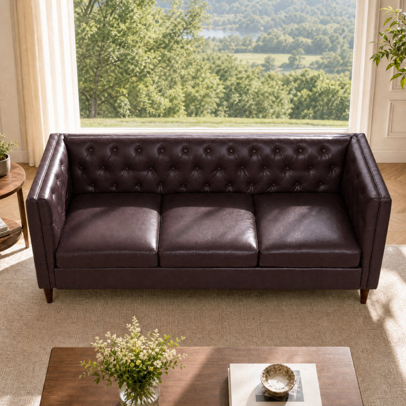 Canapé de 81 pouces moderne en cuir, canapé Chesterfield capitonné à boutons 3 places avec assise profonde, canapé en cuir de polyuréthane pour appartement et bureau