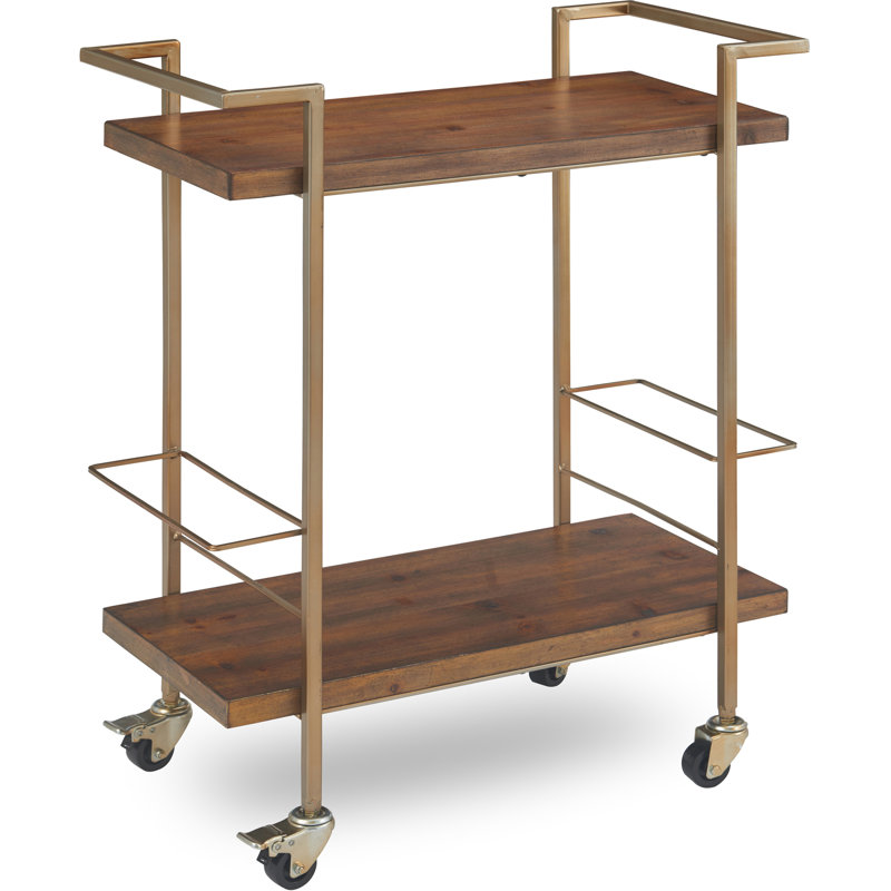 Industrial Walnut & Gold Bar Cart with Wine Rack and Storage