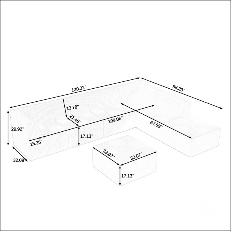 Canapé modulaire Vasya, Velours côtelé vert, H 29,92 po x l 130,32 po x P 98,23 po