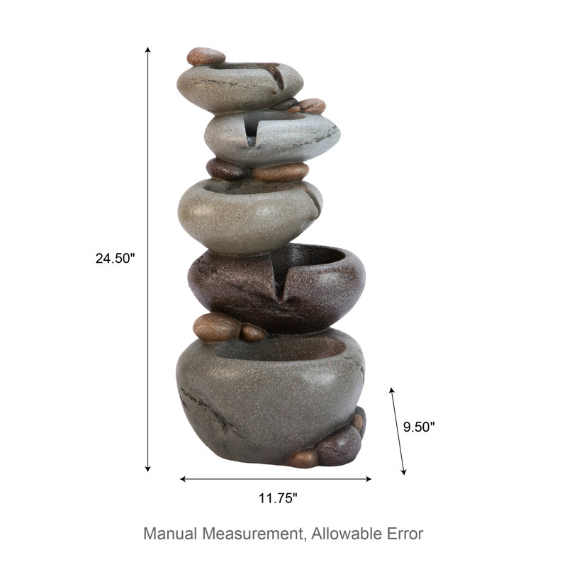 24.5"H 5-Tiered Zen Style Stacked Pebbles Polyresin Outdoor Fountain with Pump and LED Light (KD)
