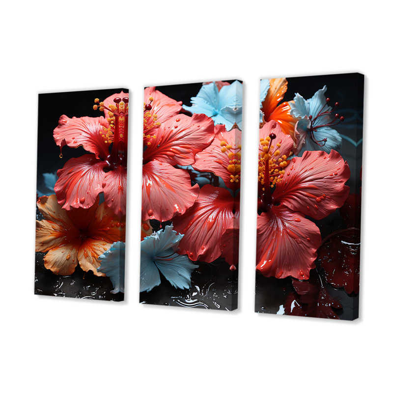 Hibiscus en fleurs sur verre - ensemble d'art sur toile Hibiscus, H 32 po x l 48 po x P 1 po