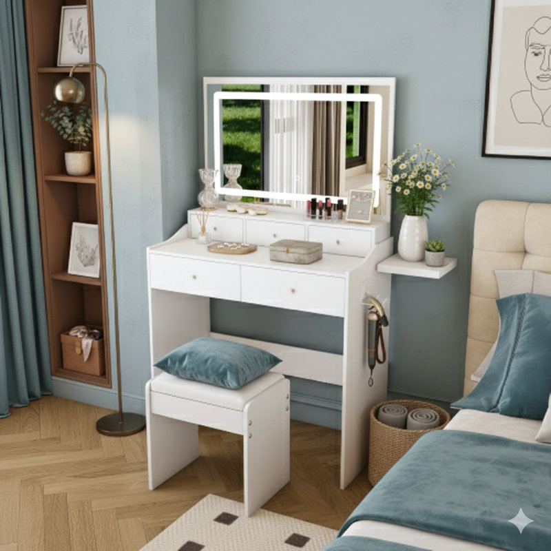 New Expansive Mirror Vanity Desk For Bedrooms, Contemporary Makeup Vanity Set Equipped With A Power Outlet And A Hairdryer Holder. Features Five Drawers And Lighting With Three Adjustable Color Options For A Bedroom Dressing Table, In White.