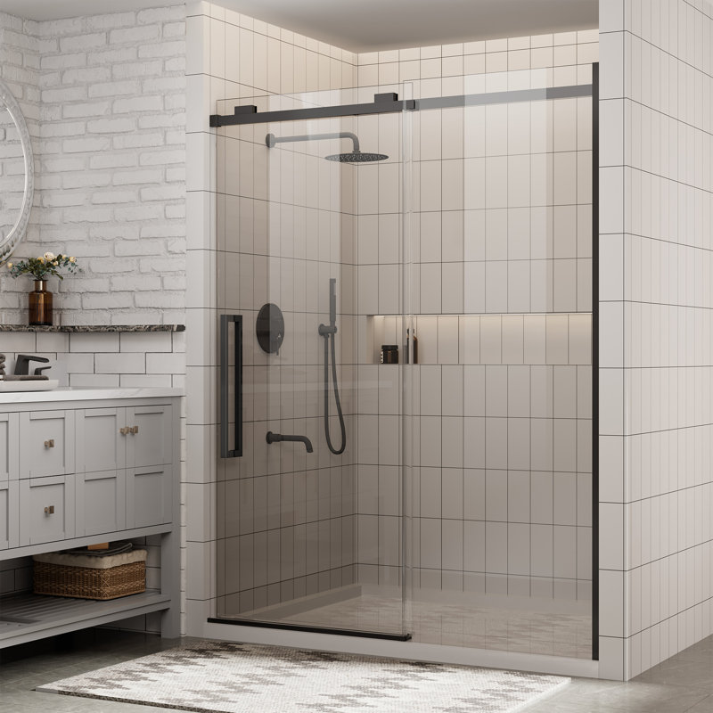 56"-60"W x 76" H Reversible Frameless Single Sliding Shower Door With 3/8"Clear Tempered Glass, Matte Black
