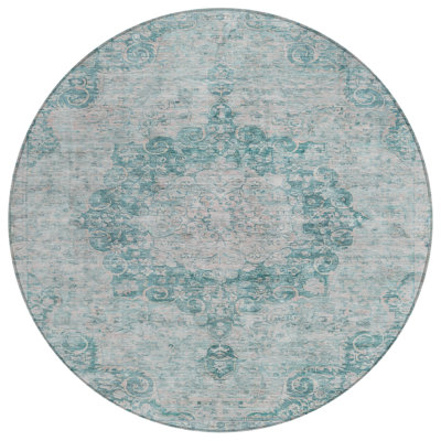 8' Teal Blue Round Floral Medallion Washable Indoor Outdoor Area Rug