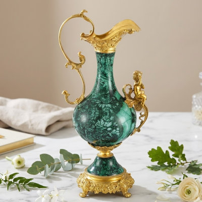 Emerald Green Porcelain & Bronze Cherub Pitcher Vase, 18" with Scroll Legs & Bronze Flowers — Vintage-Style Accent Centerpiece for Mantel, Shelf & Dining Table