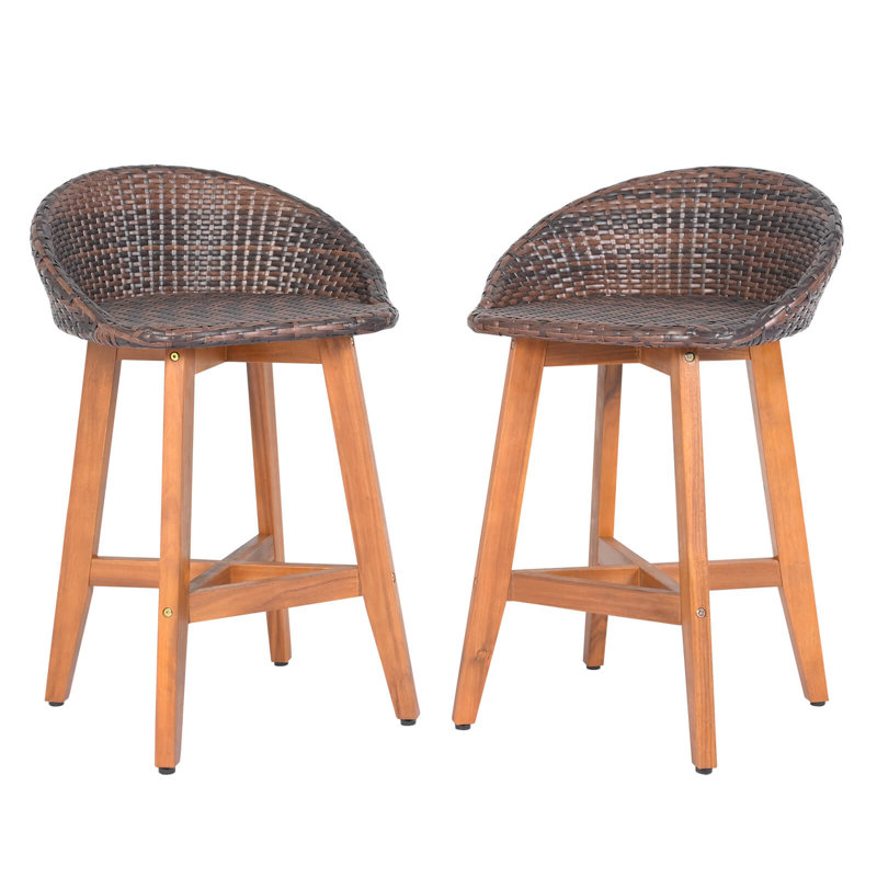 Chaises de bar extérieures en faux rotin et tabourets de bar en bois d'acacia massif pour porche, 2, Brun