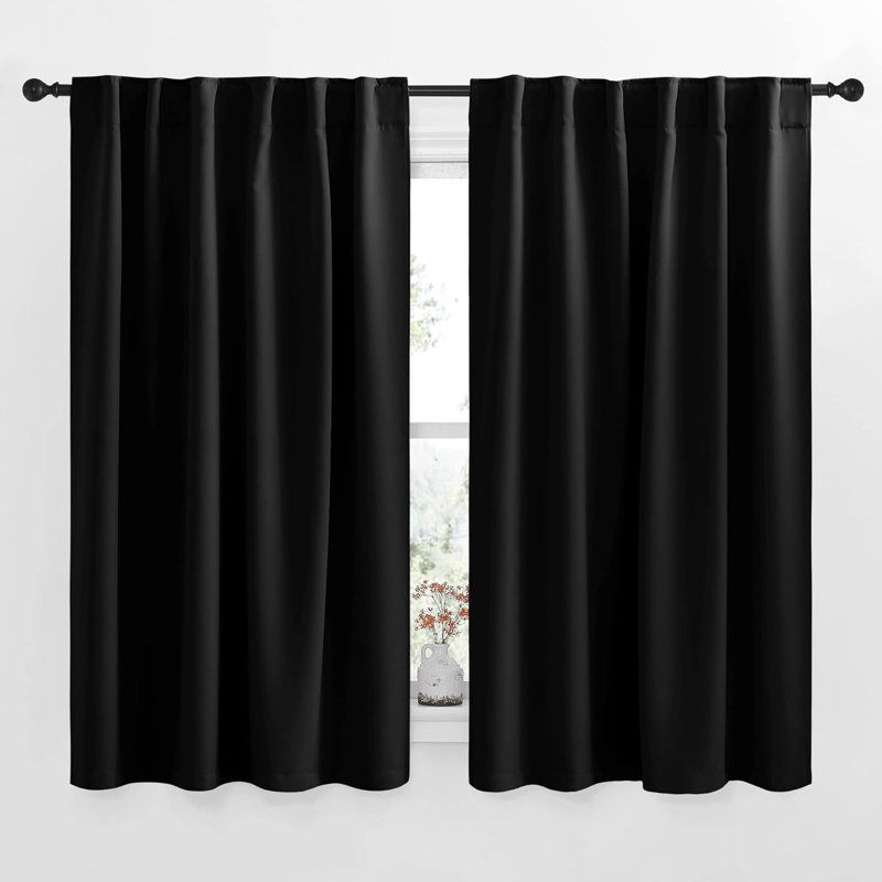 Blackout Curtain Light & Noise Reducing Room Darkening Drapes for Bedroom/Living Room/Kitchen, 2 Pieces, 52" W x 63" L, Black
