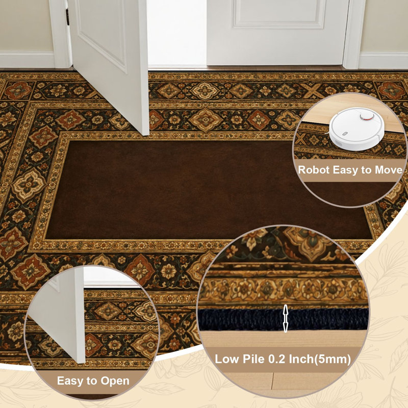 Tapis lavable 240 x 300 cm, bordure florale ornée, poils courts, envers antidérapant en TPE, motifs géométriques, couleur brun riche, or et rouille, doux, idéal pour le salon, la chambre, la salle à manger et le bureau.