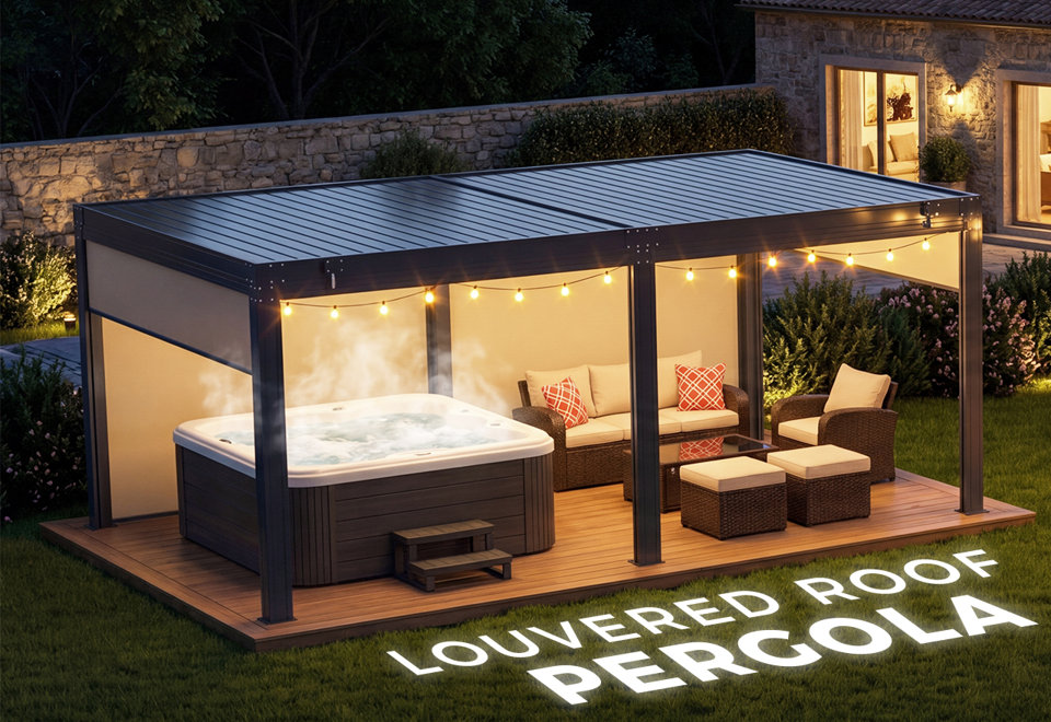 Pergola bioclimatique avec rideaux