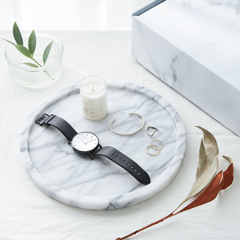 Plateau rond en marbre Artifacts Rattan ™, Blanc mat