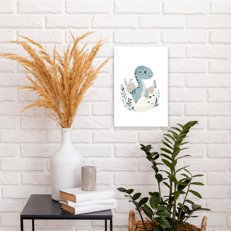 Hatching Baby Dinosaur Whimsical Abstract Contemporary Animal Landscape Wall Art Print by Mathieu - Wrapped Canvas Print
