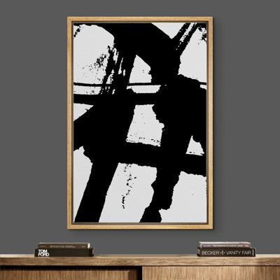 "Signature", impression sur toile encadrée, effet à encre foncée, illustrations de formes géométriques, groupe d'art moderne, noir et blanc dramatique pour le salon