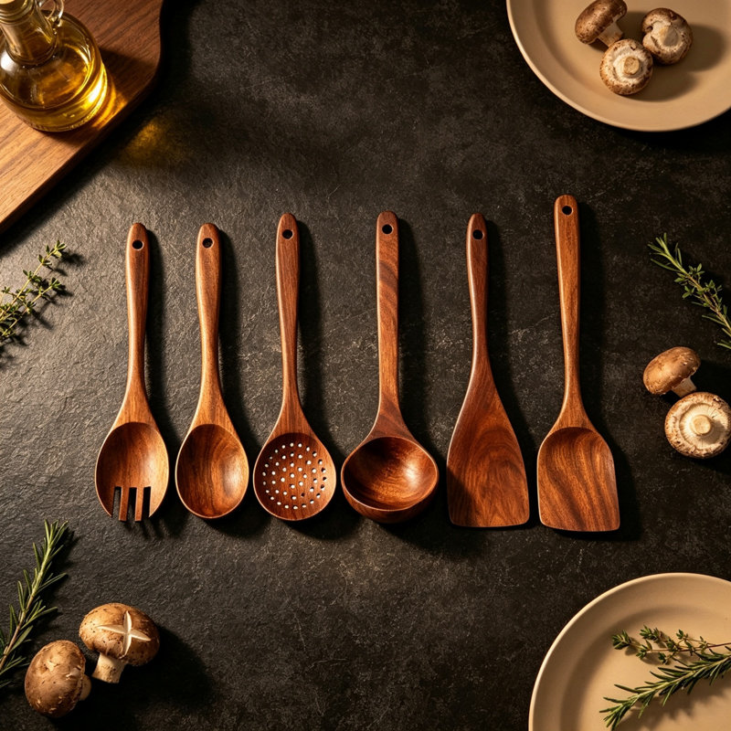 Safe for Nonstick Cookware, Wood Heat-Resistant Brown Kitchen Utensil 6 Piece Set