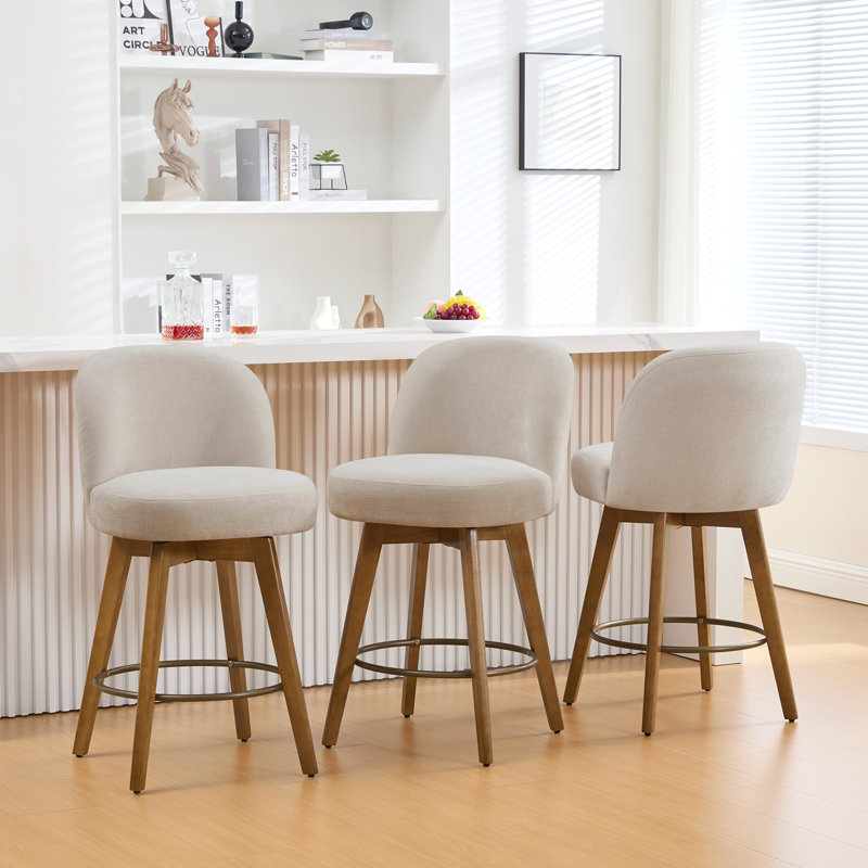Tabouret de comptoir pivotant 26 po 3PCS avec structure en bois massif et dossier moyen, Beige / chenille, 3