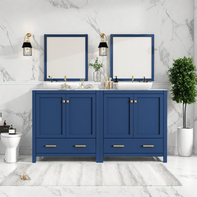 Meuble-lavabo double avec lavabo en céramique blanche, portes à fermeture douce, rangement spacieux, structure en bois massif, armoire de salle de bain moderne avec tiroirs et tablettes - unités 2 x 30 po