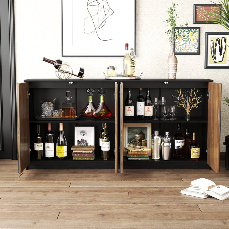65" Wide Kitchen Sideboard With 4 Fluted Doors, Adjustable Shelves, Brown/Black