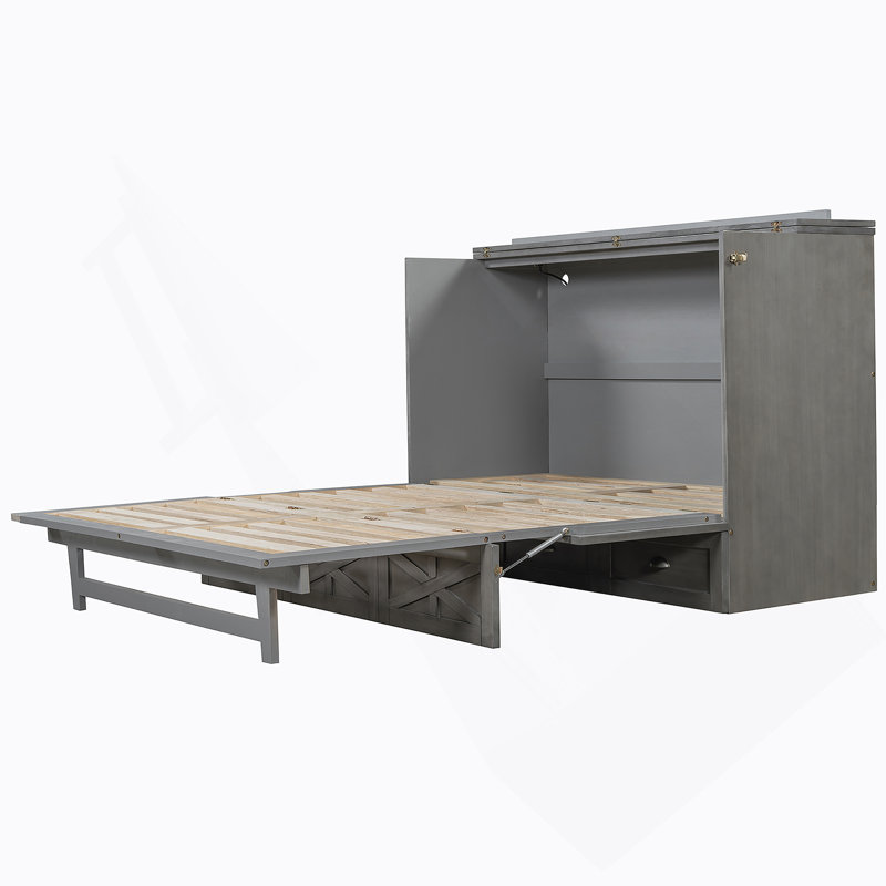 Grand lit escamotable avec grands tiroirs, gris brossé, gris, Grand