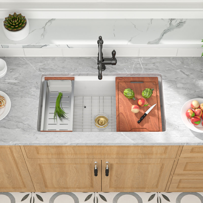 Évier de cuisine encastré en céramique à station de travail encastrable L 33 po x l 19 po avec planche à découper