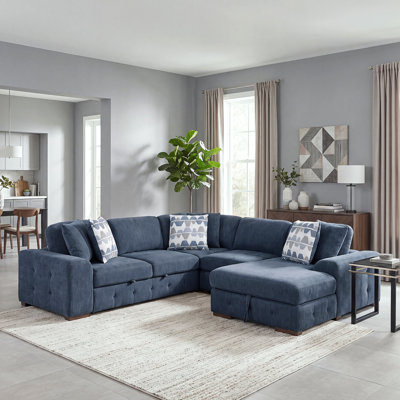 Odesser 113.5" Modern & Contemporary Chenille 4-Piece Sectional Sofa with Pull-Out Bed, Right Chaise & Hidden Storage