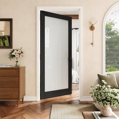 Porte pré-suspendue intérieure en verre givré 1-Lite 36 po x 80 po avec charnières noires, dalle de porte d'intimité en verre avec cadre, insonorisant et imperméable, combinaison pour la lessive, portes de placard, portes de chambre, main gauche