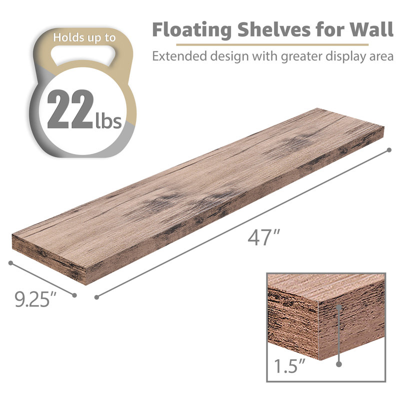 Ensemble de 2 tablettes flottantes extra longues 47 po avec fixation invisible - acajou, 1.5” H x 47'' L x 9.25'' W, Acajou