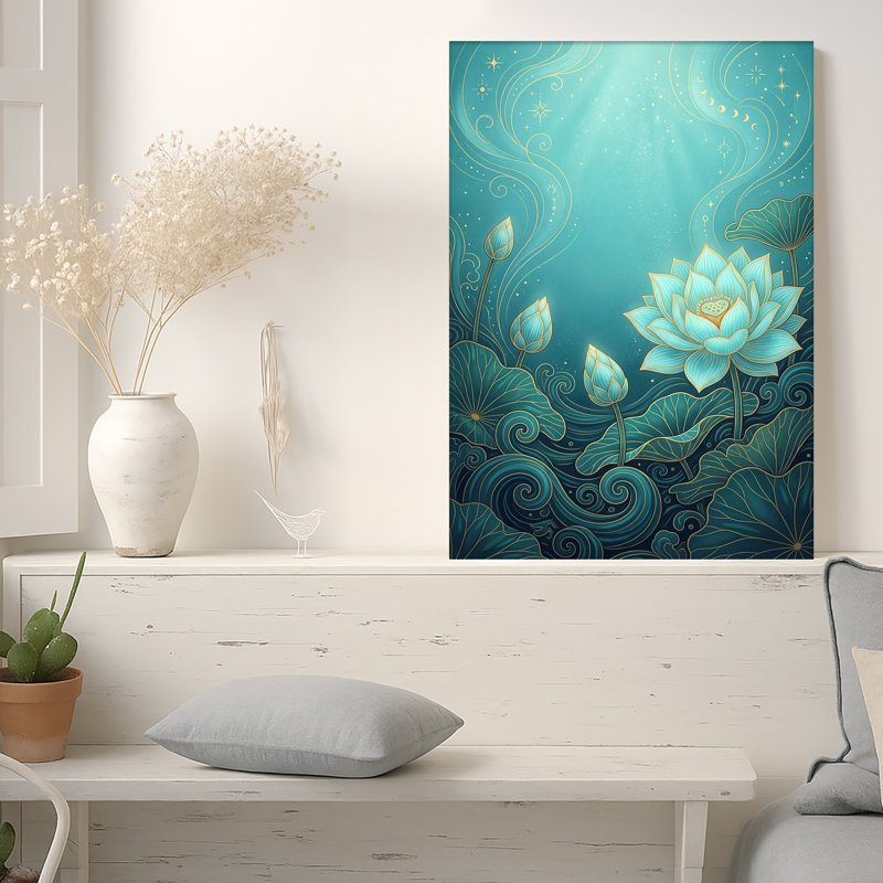 Art sur toile, fleurs de lotus turquoise avec contours dorés et phases de lune, 24"H x 18"W