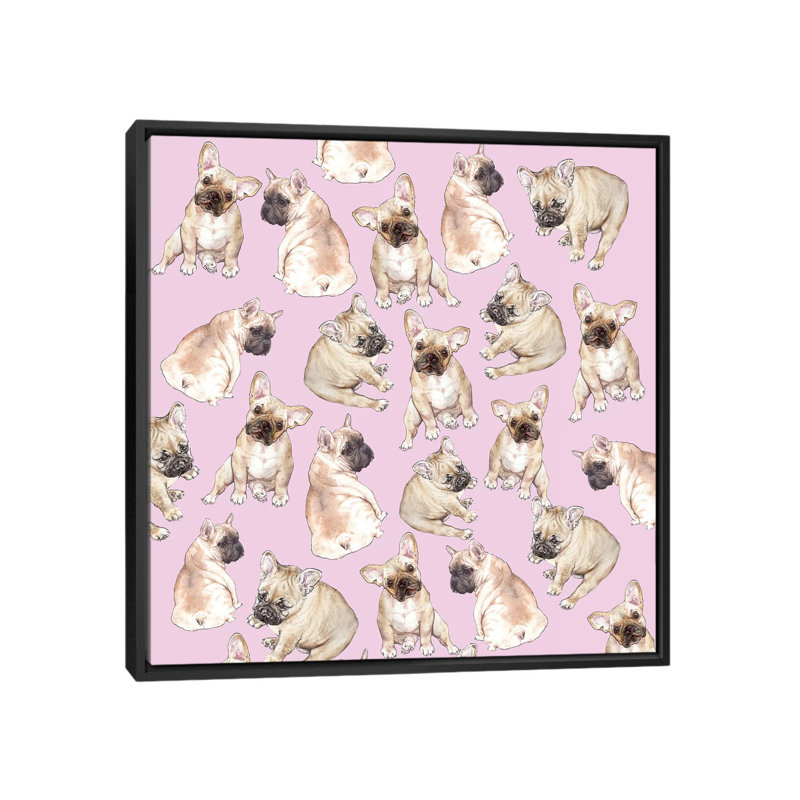 Blonde Frenchies On Pink - Print, 18" H x 18" W x 1.5" D, Black Floater Framed Canvas, No Mat