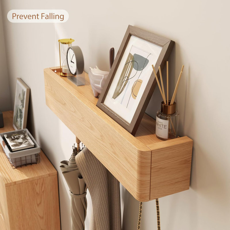 Solid Wood Wall Mounted Coat Rack with Shelf and Hidden Hooks, Floating Entryway Organizer with 5 Hooks for Coats Keys Bags Bathroom Bedroom